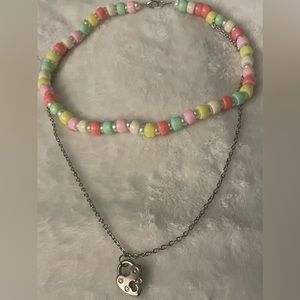Handmade pastel beads with pearl silver chain 2in one necklace